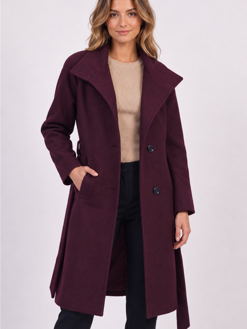 Womens Deep Burgundy/Chianti Long Fall Funnel Neck Coat